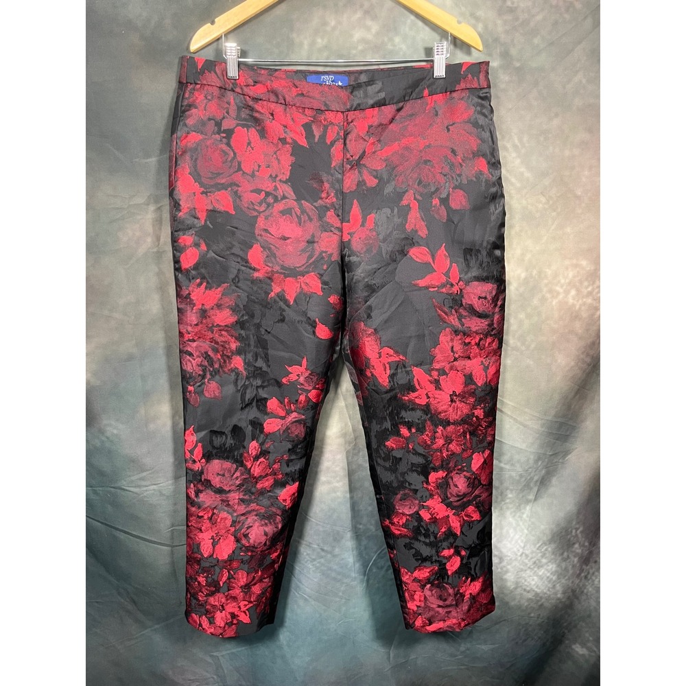 RSVP by Talbots Red Black Floral Jacquard Ankle Pants Size 16 Side Zip Holiday